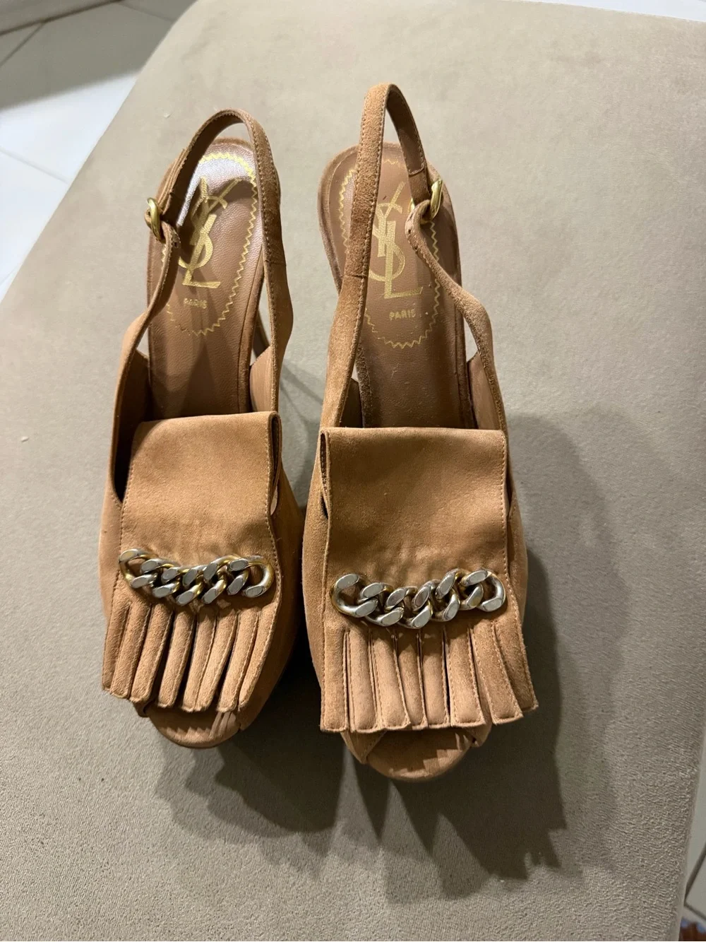 Yves Saint Laurent Tan Suede Platform Slingback Pumps